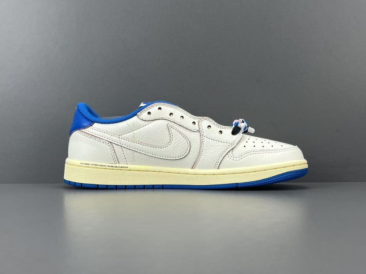 Fragment x Travis Scott x Air Jordan 1 Low OG SP Sail Military Blue.