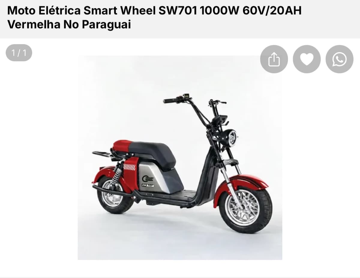Moto Elétrica Smart Wheel SW701 1000W 60V Vermelha