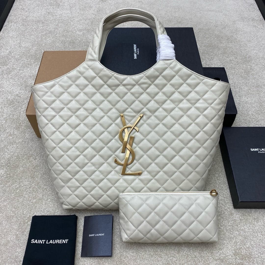 Saint Laurent Icare Maxi Tote Shopping Bag White Ferragens Douradas 58cm