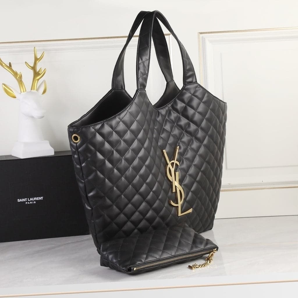 Saint Laurent Icare Maxi Tote Shopping Bag Black Ferragem Dourada 58
