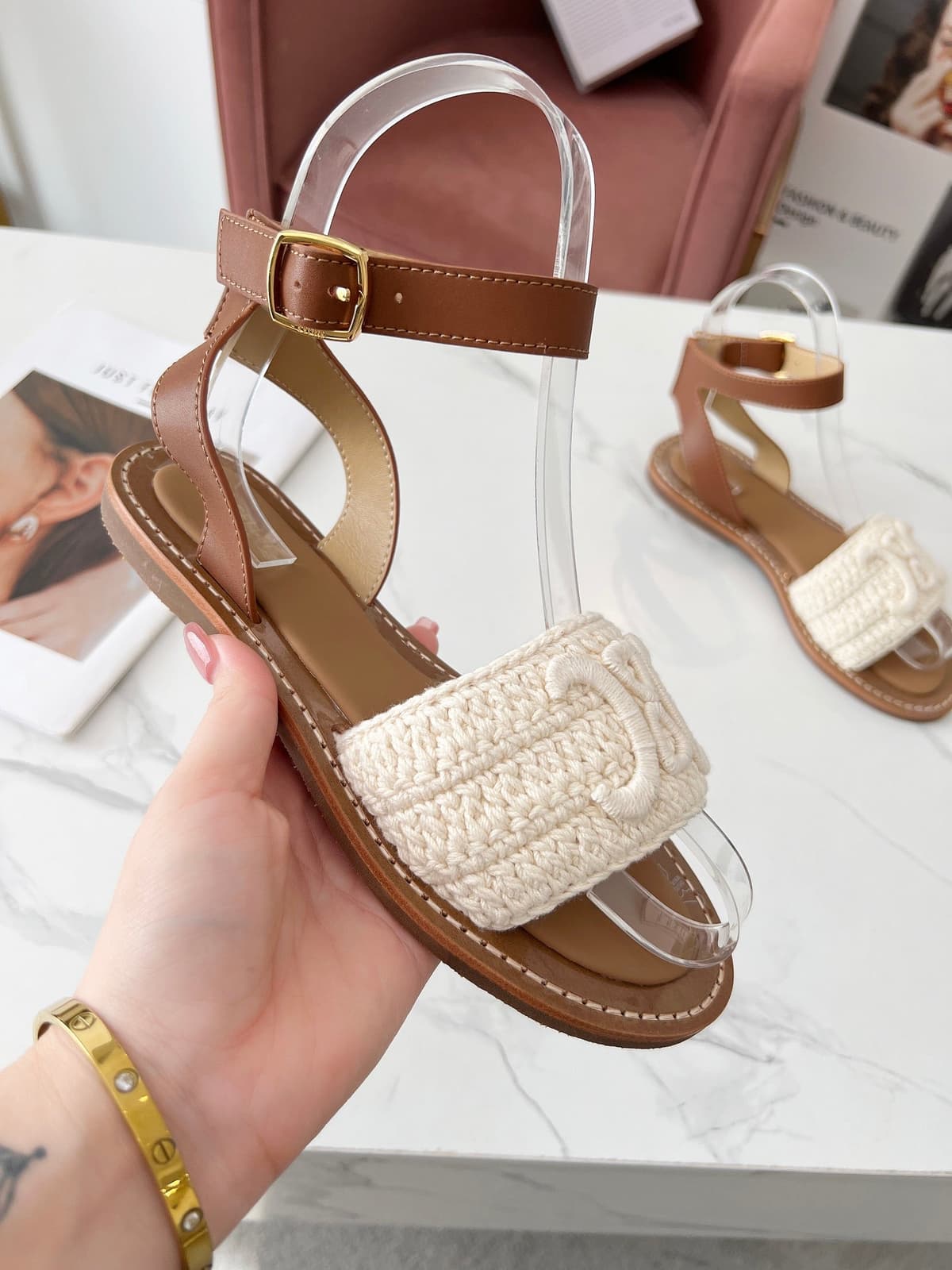 CELINE LYMPIA SANDAL in TRIOMPHE MACCRAMÉ COTTON & CALFSKIN