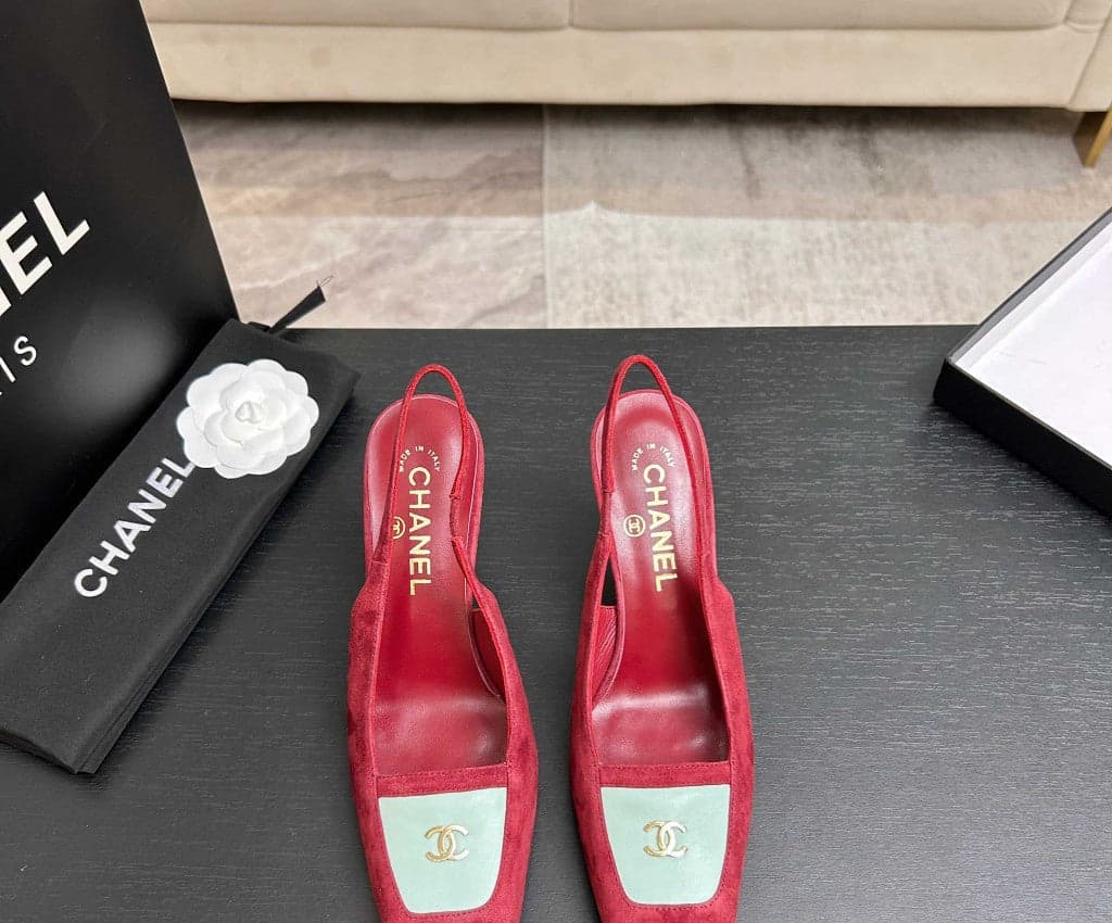 Chanel Slingback Heel Suede Pink White Gold
