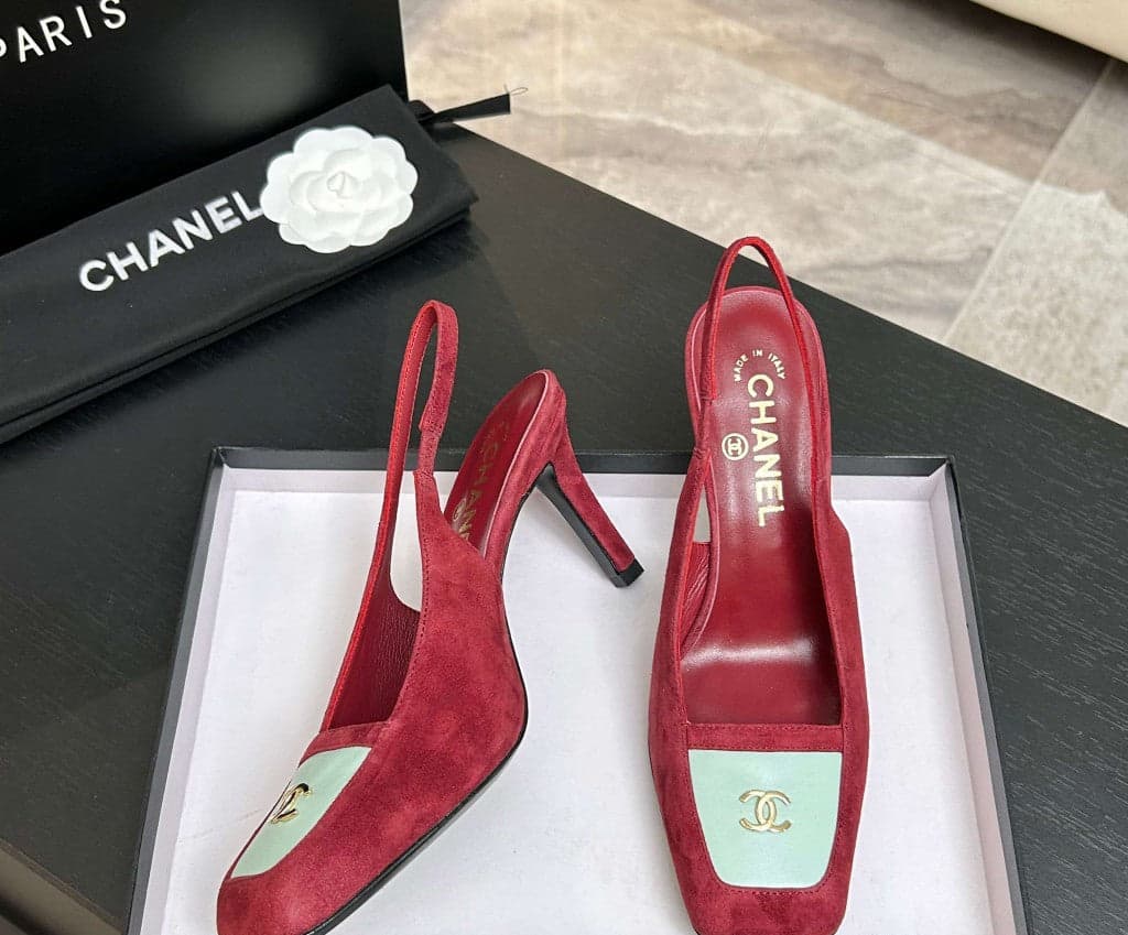 Chanel Slingback Heel Suede Pink White Gold