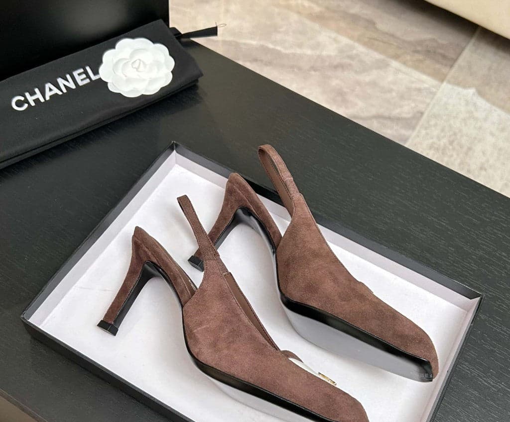 Chanel Slingback Heel Suede Dusty Pink White Gold