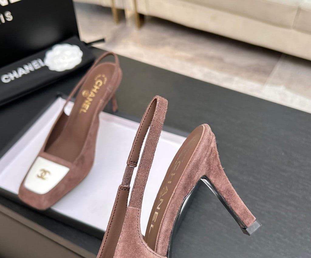 Chanel Slingback Heel Suede Dusty Pink White Gold