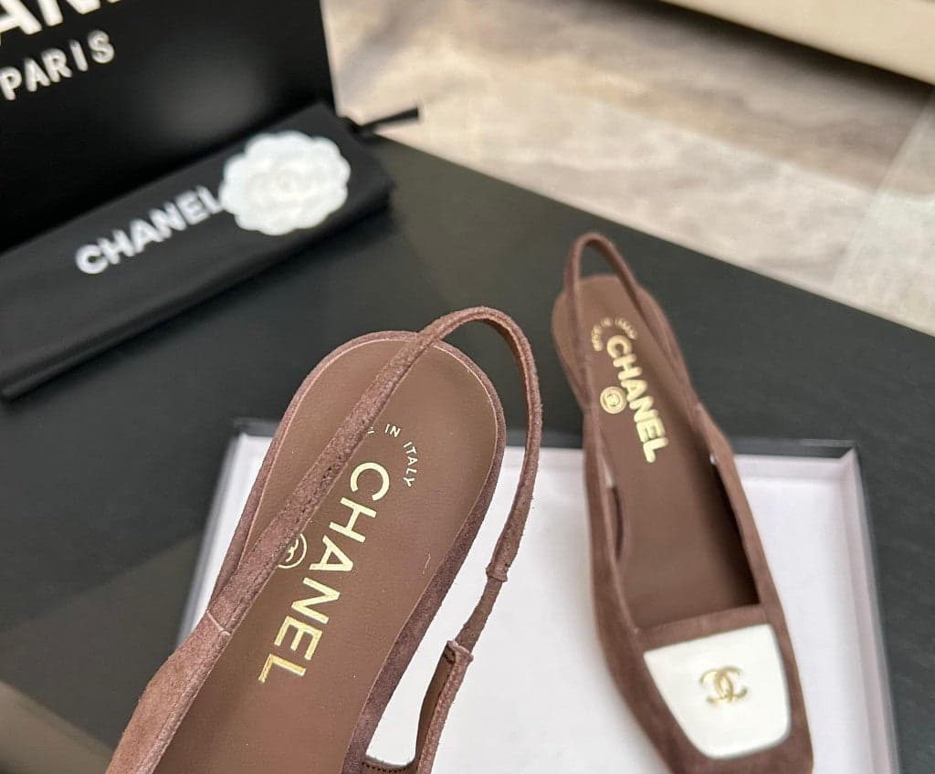Chanel Slingback Heel Suede Dusty Pink White Gold