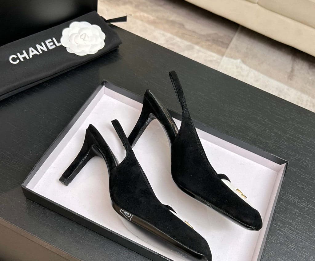 Chanel Slingback Heel Suede Black White Gold
