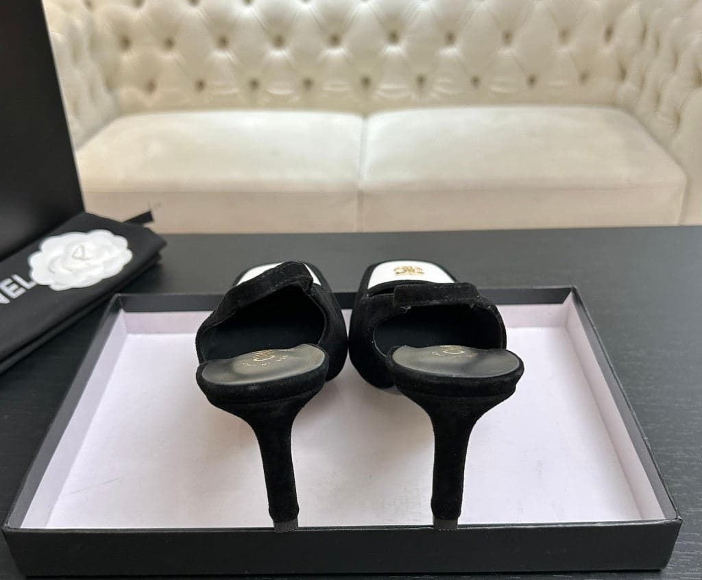 Chanel Slingback Heel Suede Black White Gold