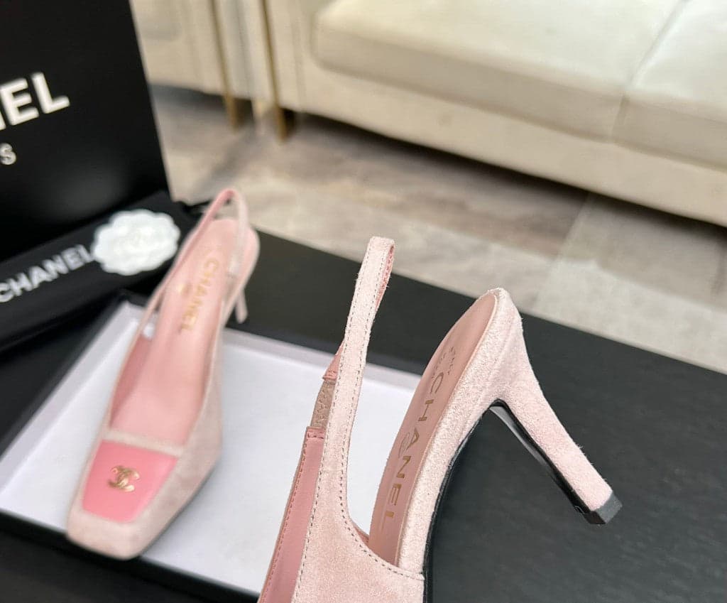 Chanel Slingback Heel Suede Light Pink Pink Gold