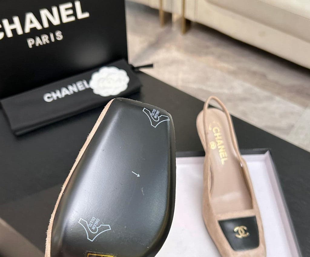 Chanel Slingback Heel Suede Beige Black Gold