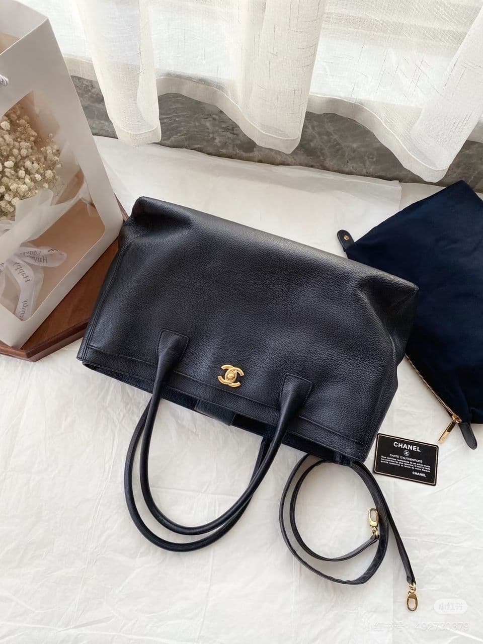 Chanel Executive Cerf Tote Black Leather Gold Hardware .