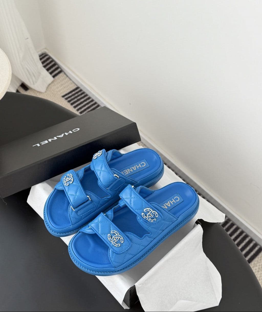 CHANEL Quilted Dad Sandal Blue.
