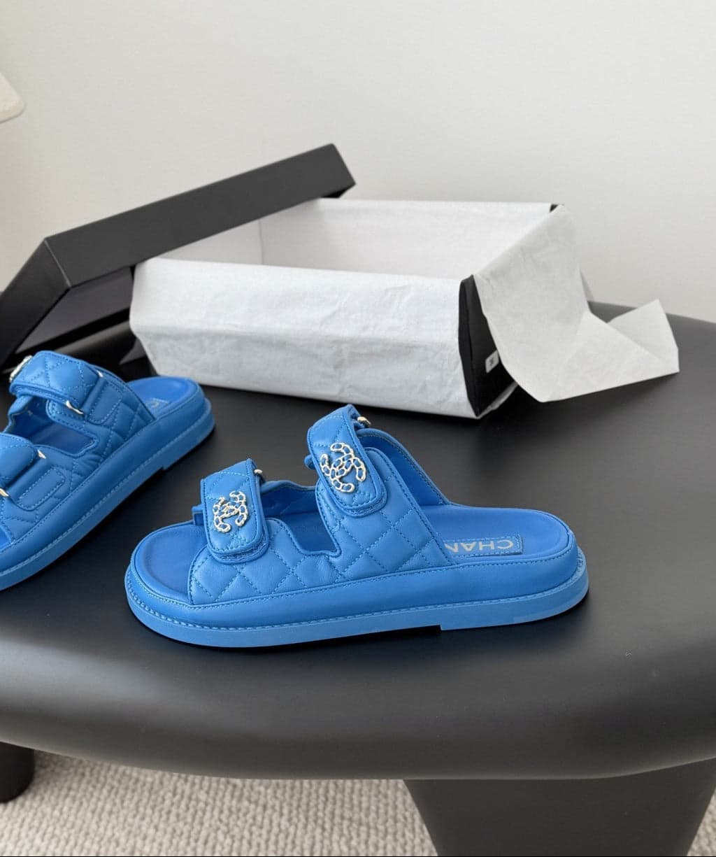 CHANEL Quilted Dad Sandal Blue.