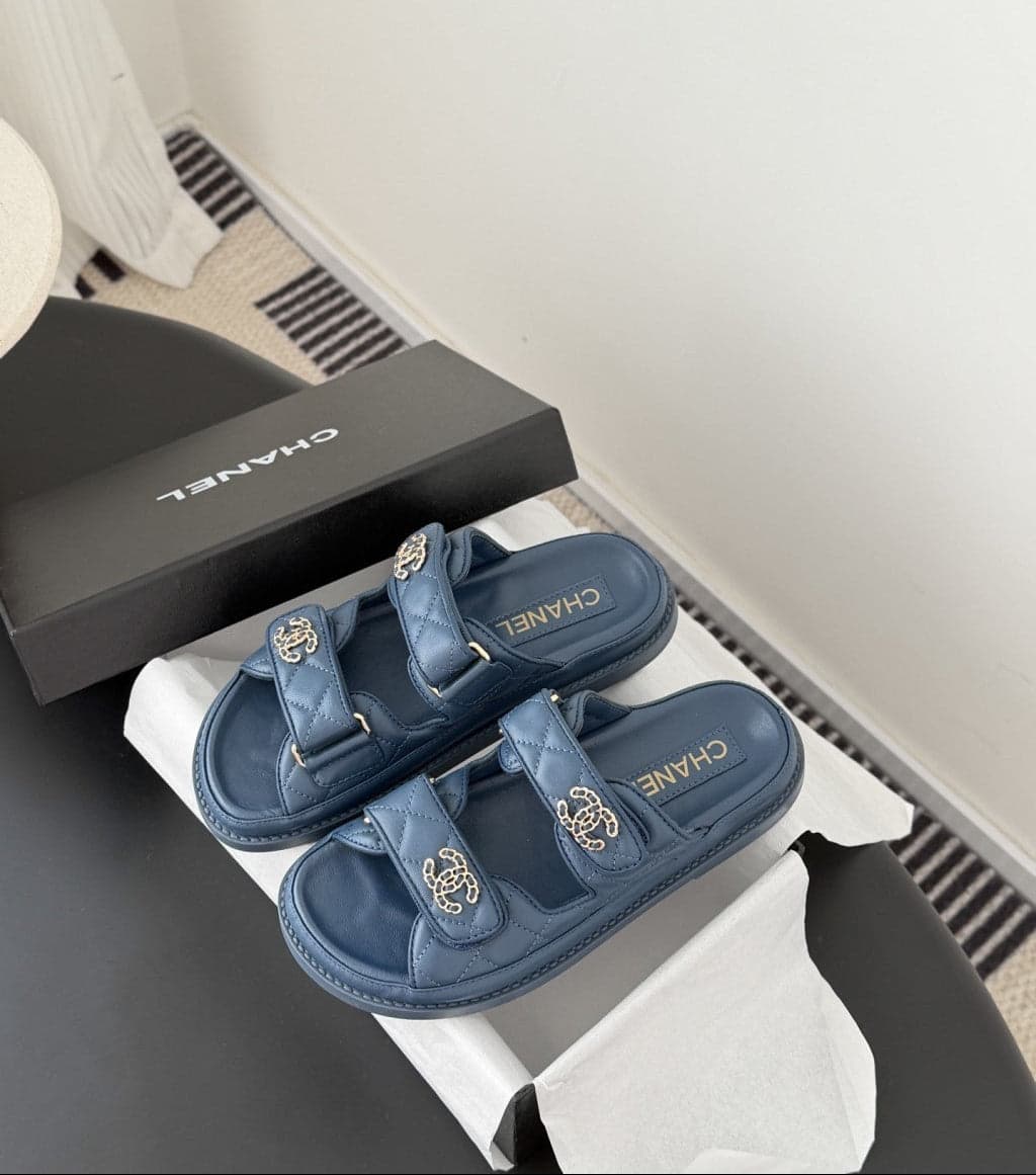 CHANEL Quilted Dad Sandal Dark Blue.