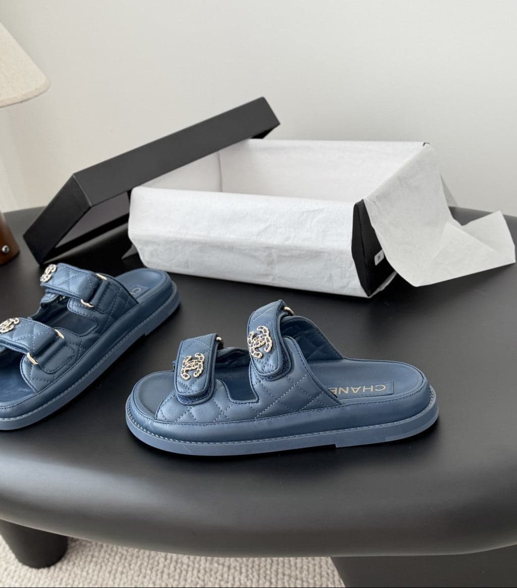CHANEL Quilted Dad Sandal Dark Blue.