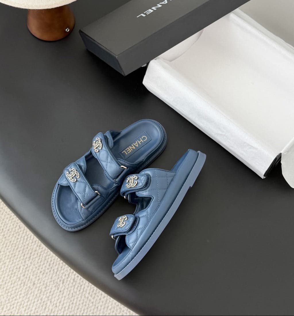 CHANEL Quilted Dad Sandal Dark Blue.