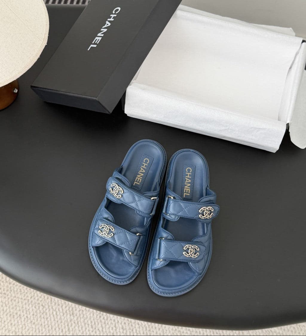 CHANEL Quilted Dad Sandal Dark Blue.