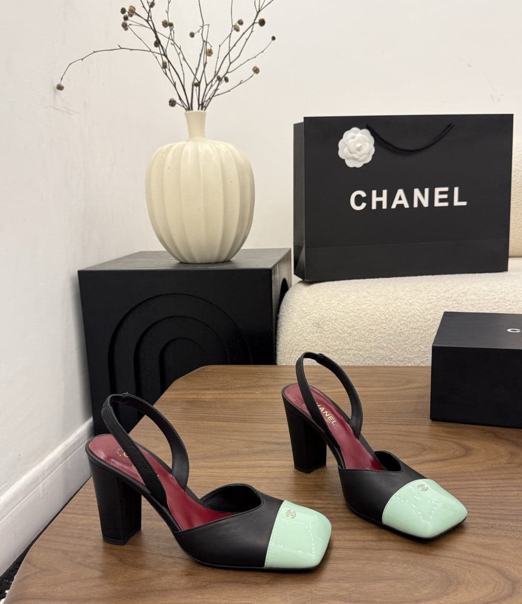 Chanel Slingback Block Heel Black Mint & Green Patent. Salto 9 cm.