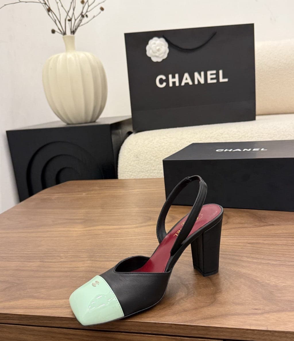 Chanel Slingback Block Heel Black Mint & Green Patent. Salto 9 cm.