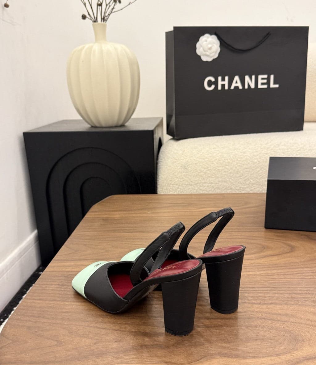 Chanel Slingback Block Heel Black Mint & Green Patent. Salto 9 cm.