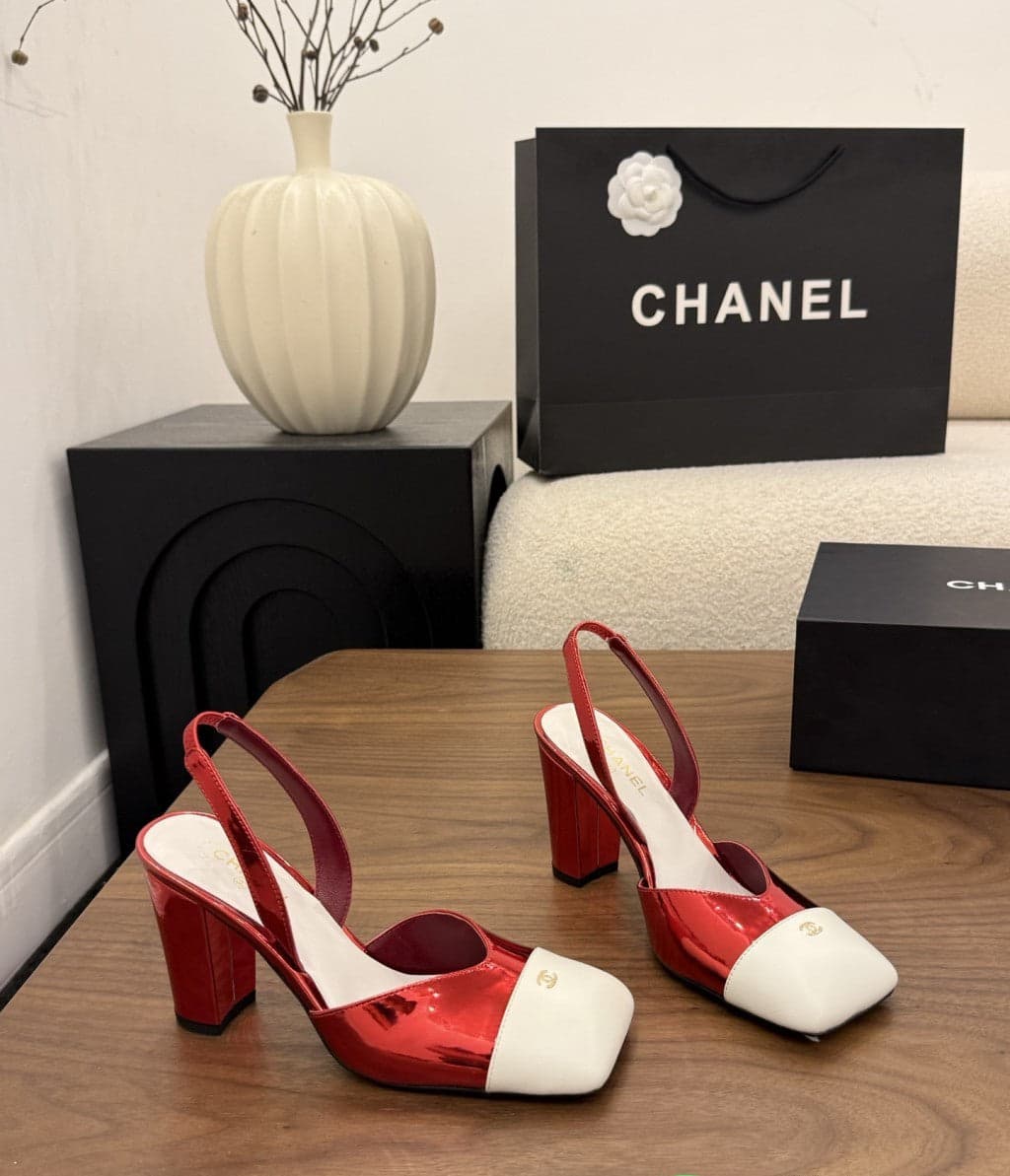 Chanel Slingback Block Heel Metallic Red & White Patent. Salto 9 cm.