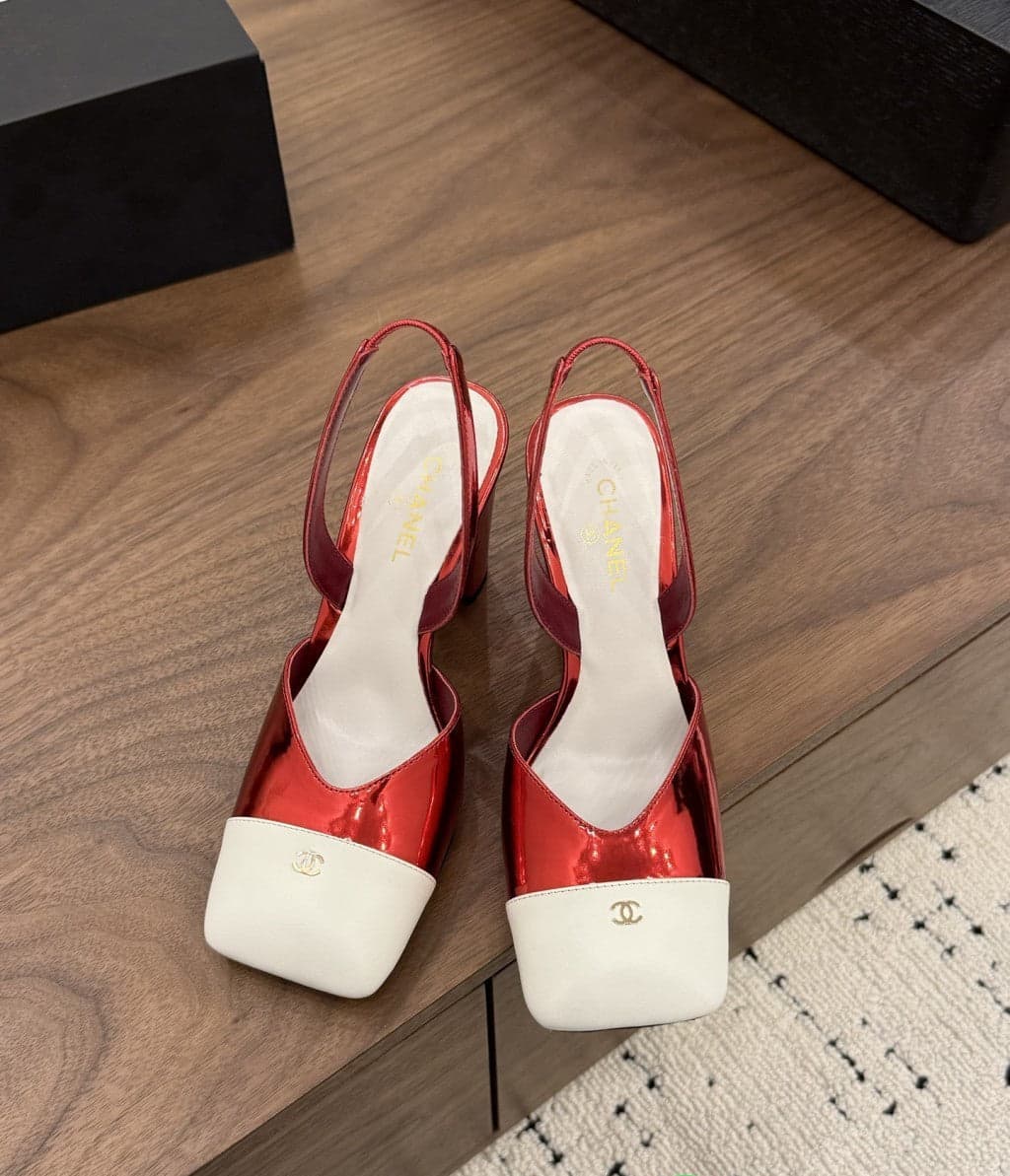 Chanel Slingback Block Heel Metallic Red & White Patent. Salto 9 cm.