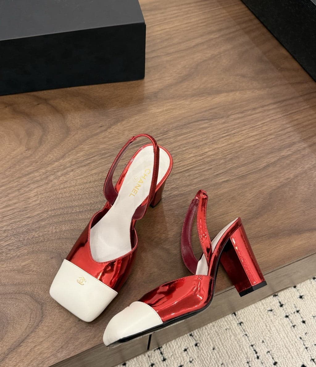 Chanel Slingback Block Heel Metallic Red & White Patent. Salto 9 cm.