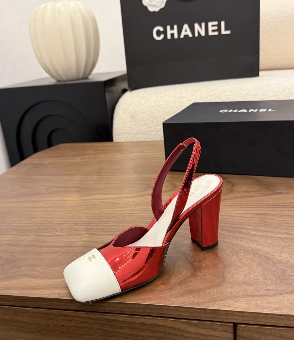 Chanel Slingback Block Heel Metallic Red & White Patent. Salto 9 cm.