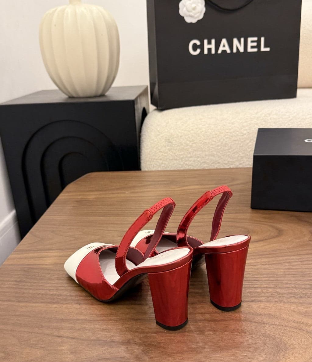 Chanel Slingback Block Heel Metallic Red & White Patent. Salto 9 cm.