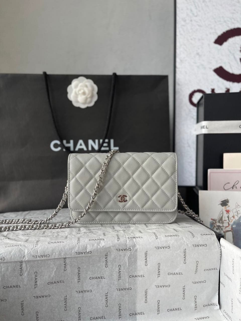 Chanel Wallet On Chain Grey Silver Hardware .