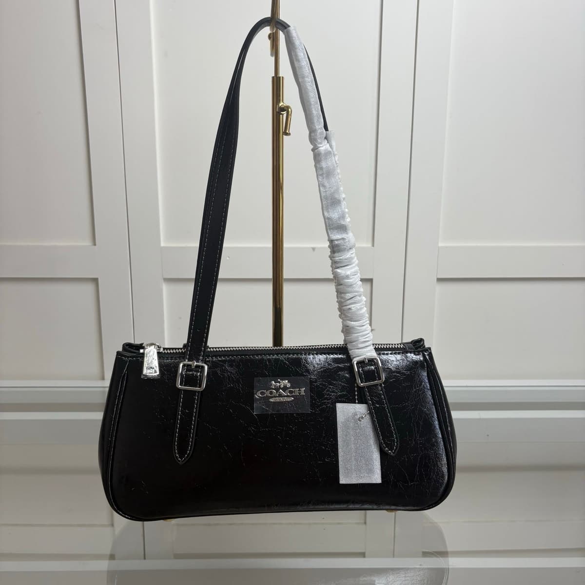 Coach Asher Shoulder Bag Shiny Crinkle Leather Black
