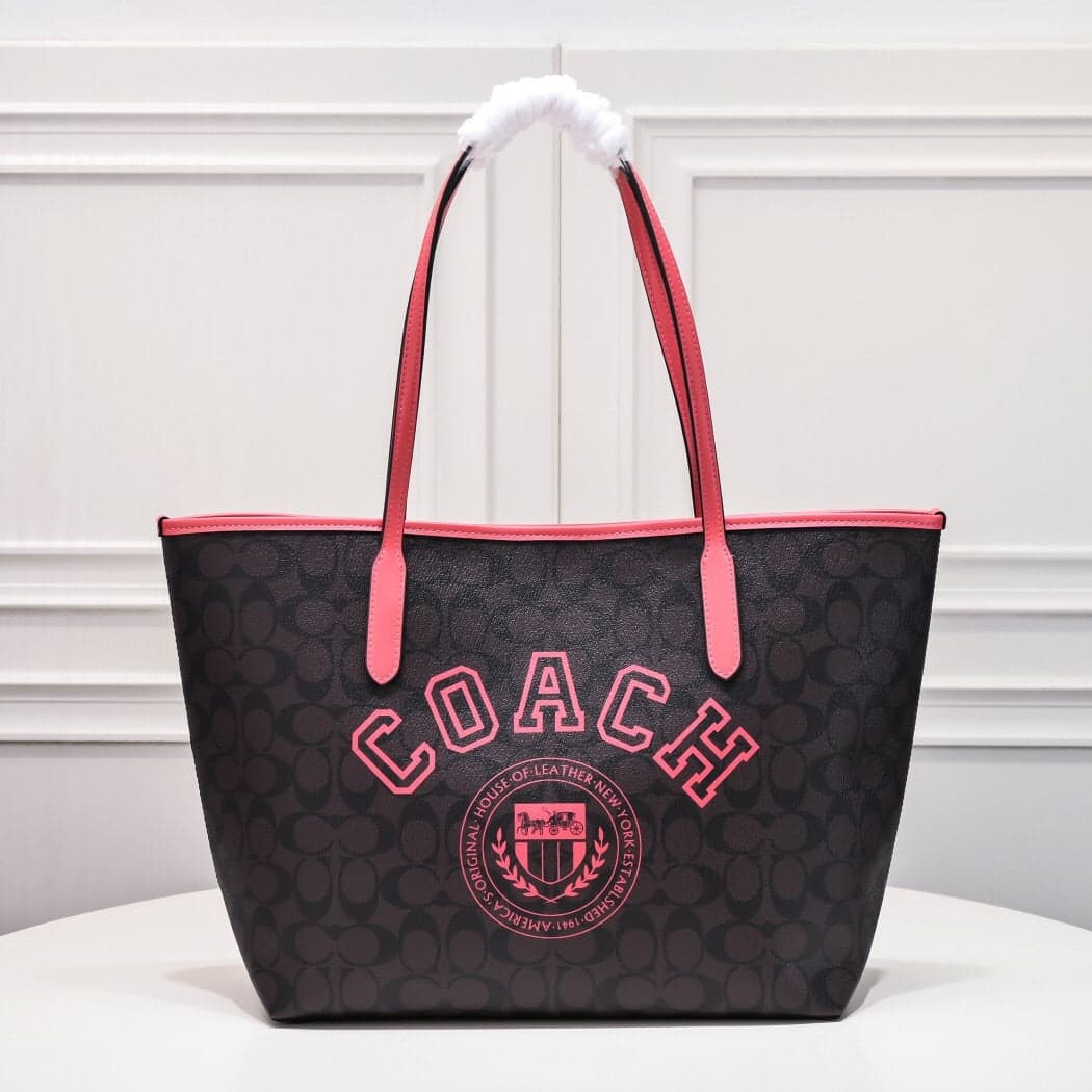 Coach City Tote Varsity Signature Canvas Brown / Pink