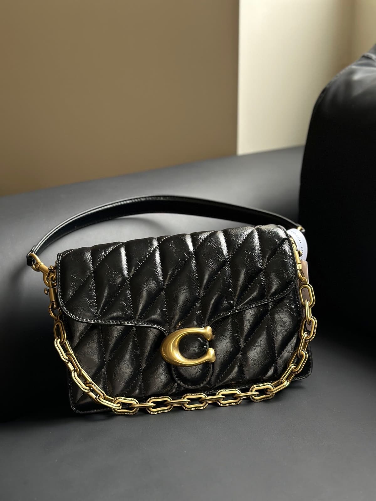 Coach Quilted Chain Tabby Preto Ferragens Douradas