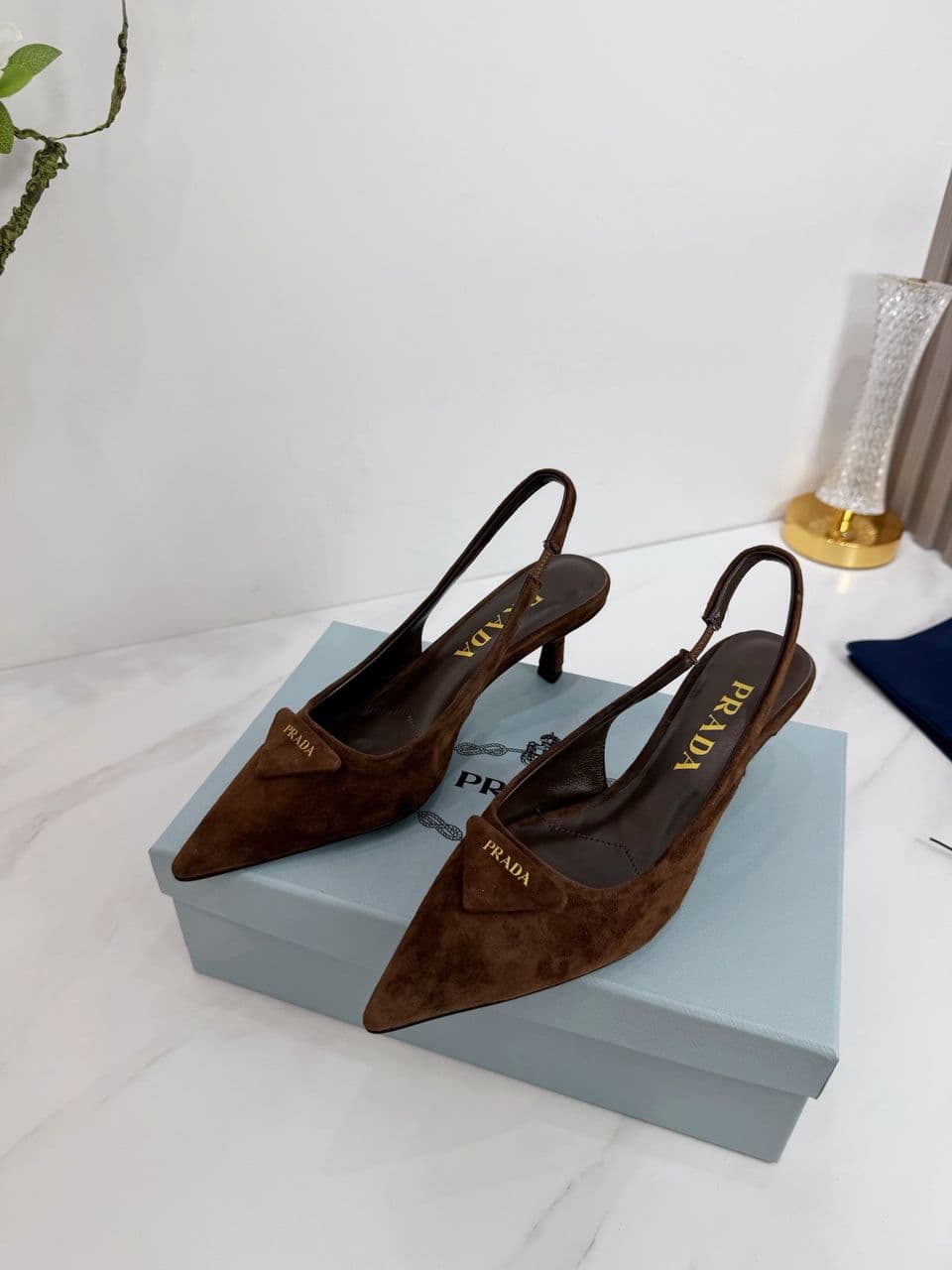 Prada dark brown suede slingback pump from