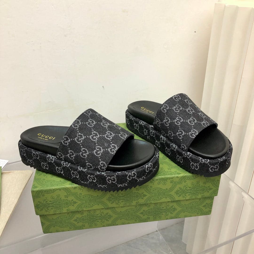 Gucci Angelina Platform 55 mm Sandal Black Jacquard Denim.