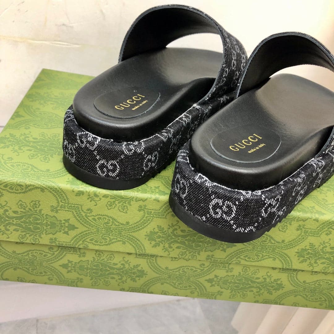 Gucci Angelina Platform 55 mm Sandal Black Jacquard Denim.