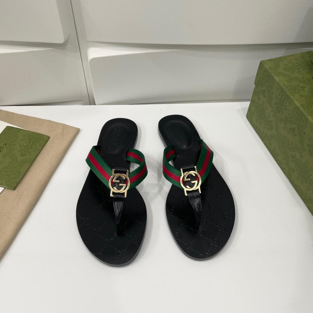 Gucci Web Thong Sandal Black Leather ( FEMININO)