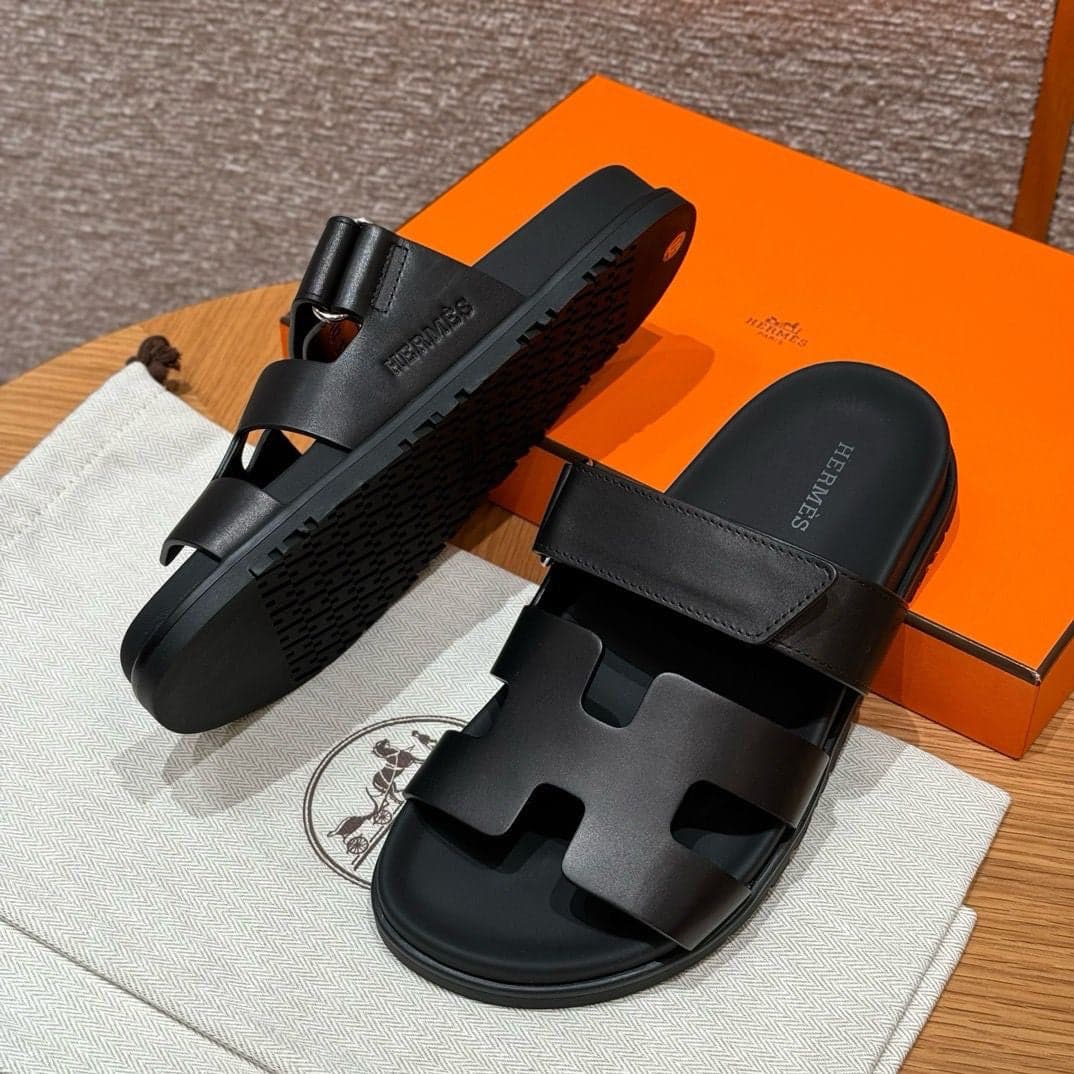 Hermes Chypre Sandal Noir Calfskin Leather.