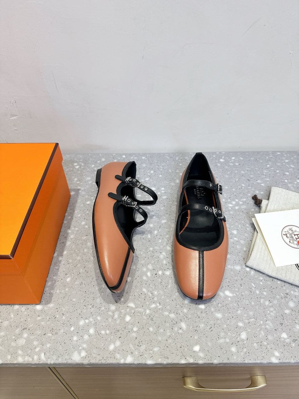 Hermès Lilia Mary Jane Ballet Flats Rose/Black .