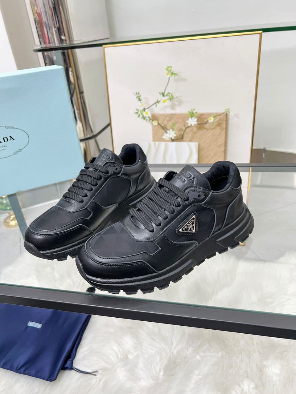Prada Black Nylon Leather Triangle Logo Sneakers .