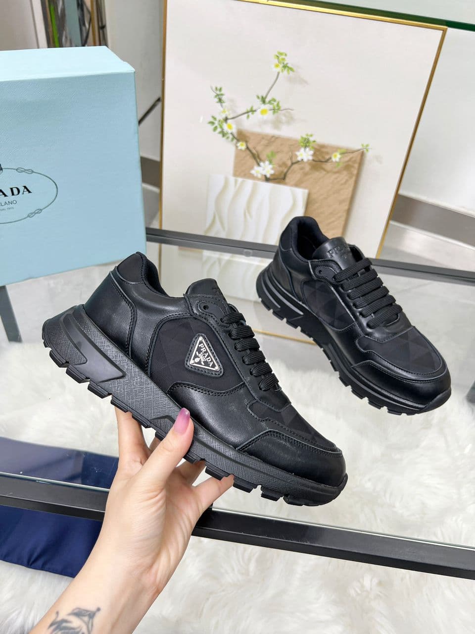 Prada Black Nylon Leather Triangle Logo Sneakers .