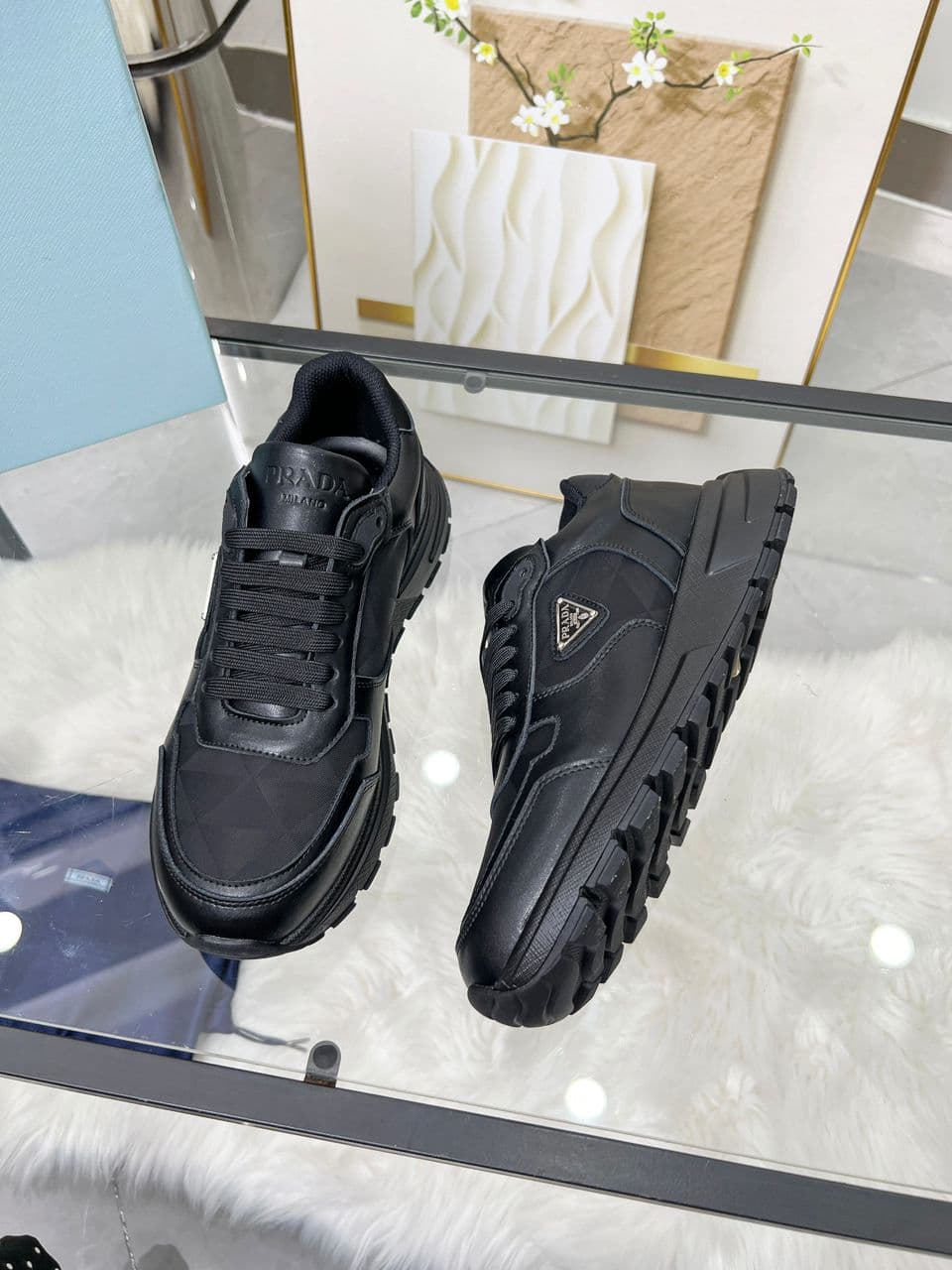 Prada Black Nylon Leather Triangle Logo Sneakers .