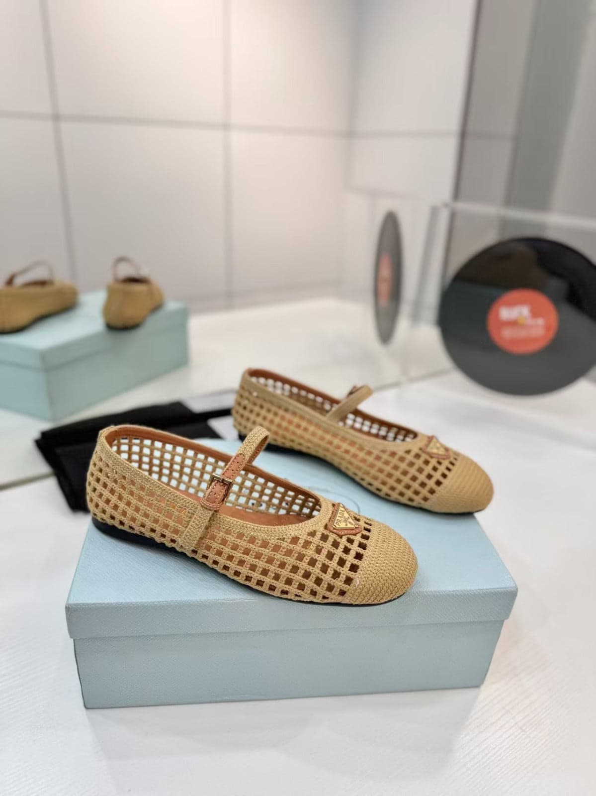 Prada Mary Jane Knit Mesh Flat Bege .