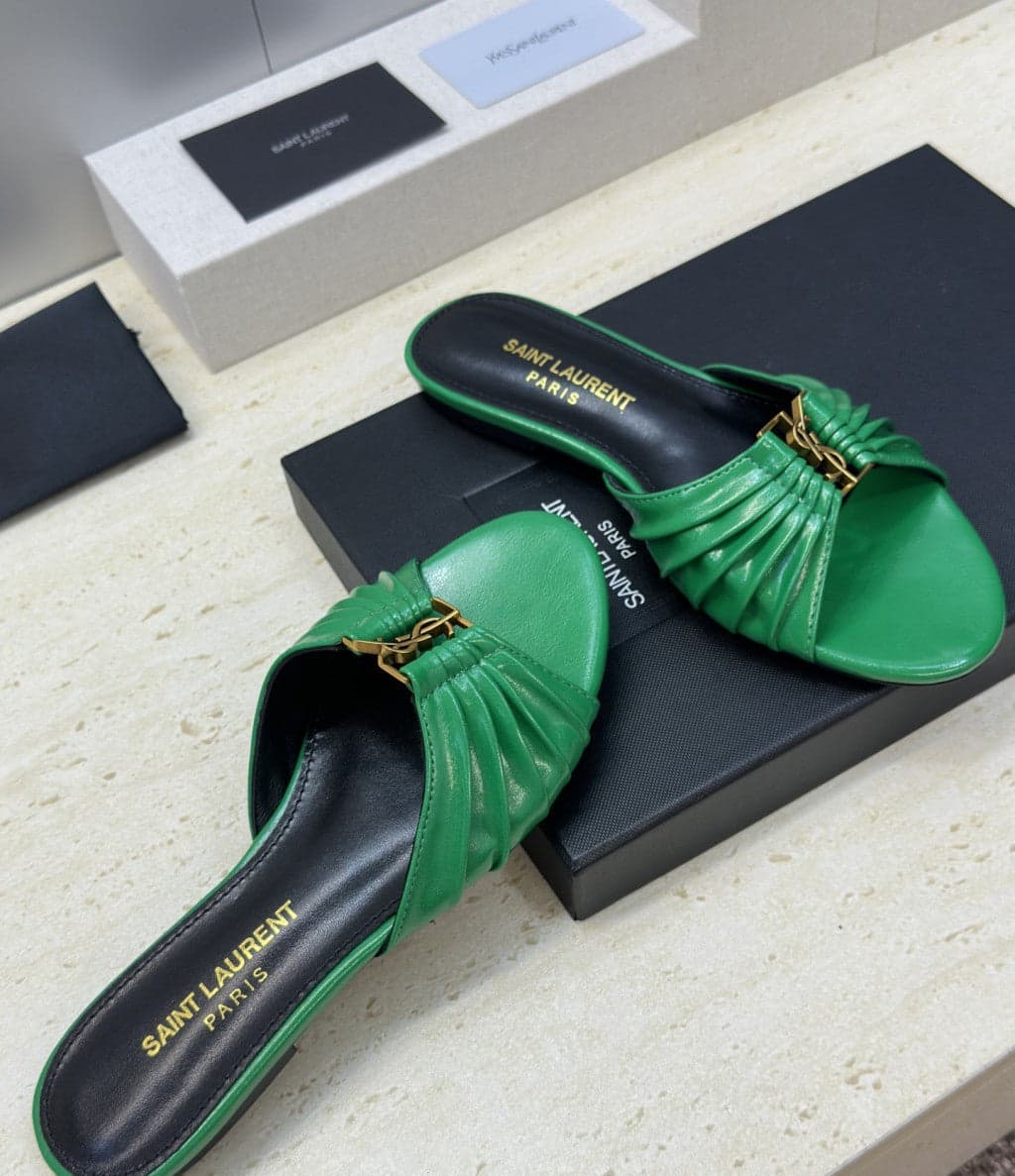 Saint Laurent Flat Slide Sandals Green Gold