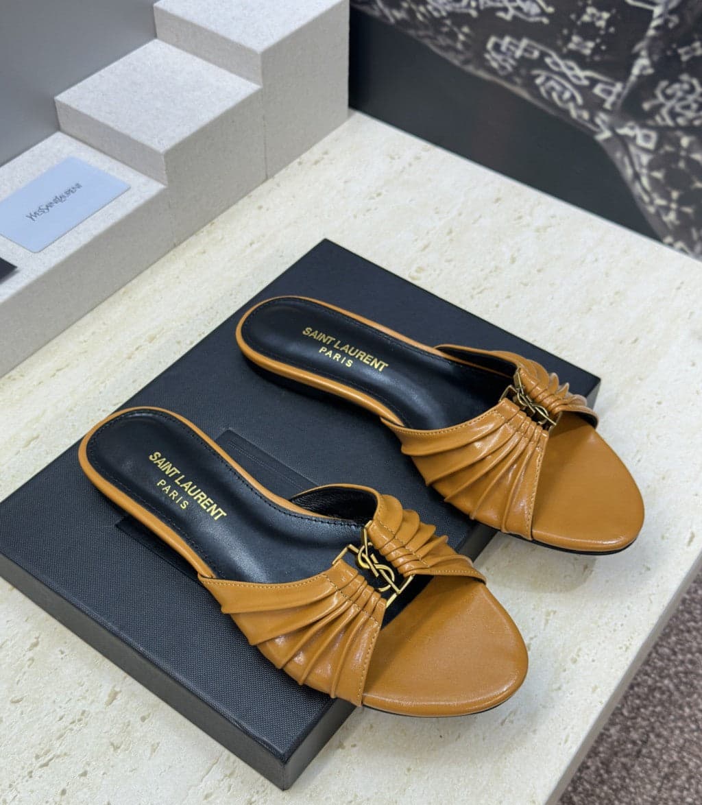Saint Laurent Flat Slide Sandals Camel Gold