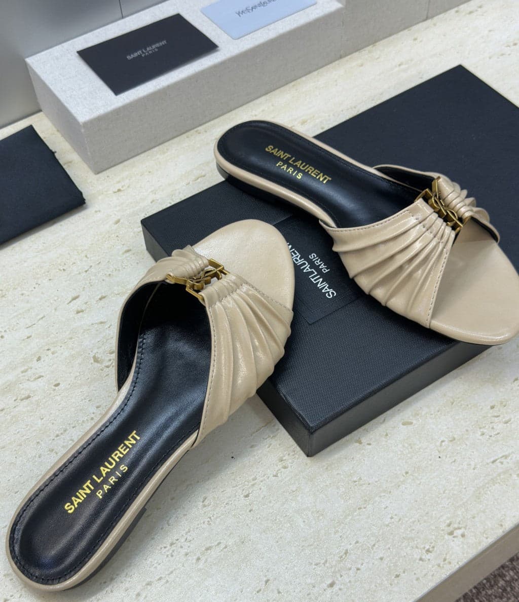 Saint Laurent Flat Slide Sandals Beige Gold