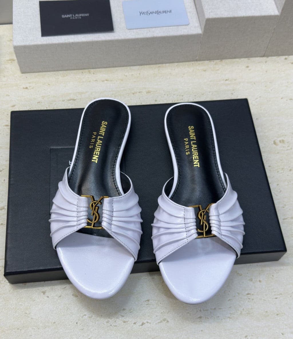 Saint Laurent Flat Slide Sandals White Gold