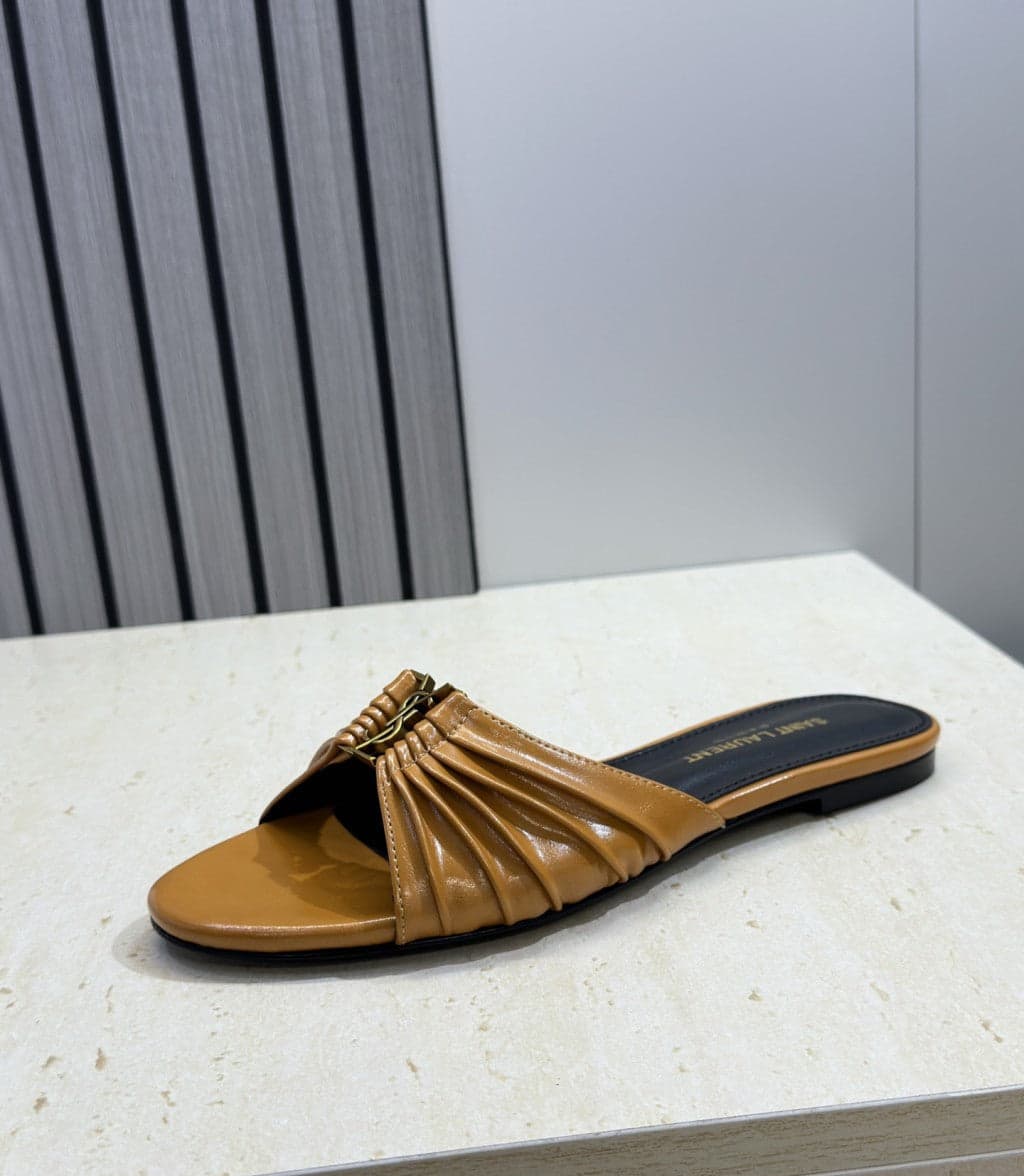 Saint Laurent Flat Slide Sandals Camel Gold