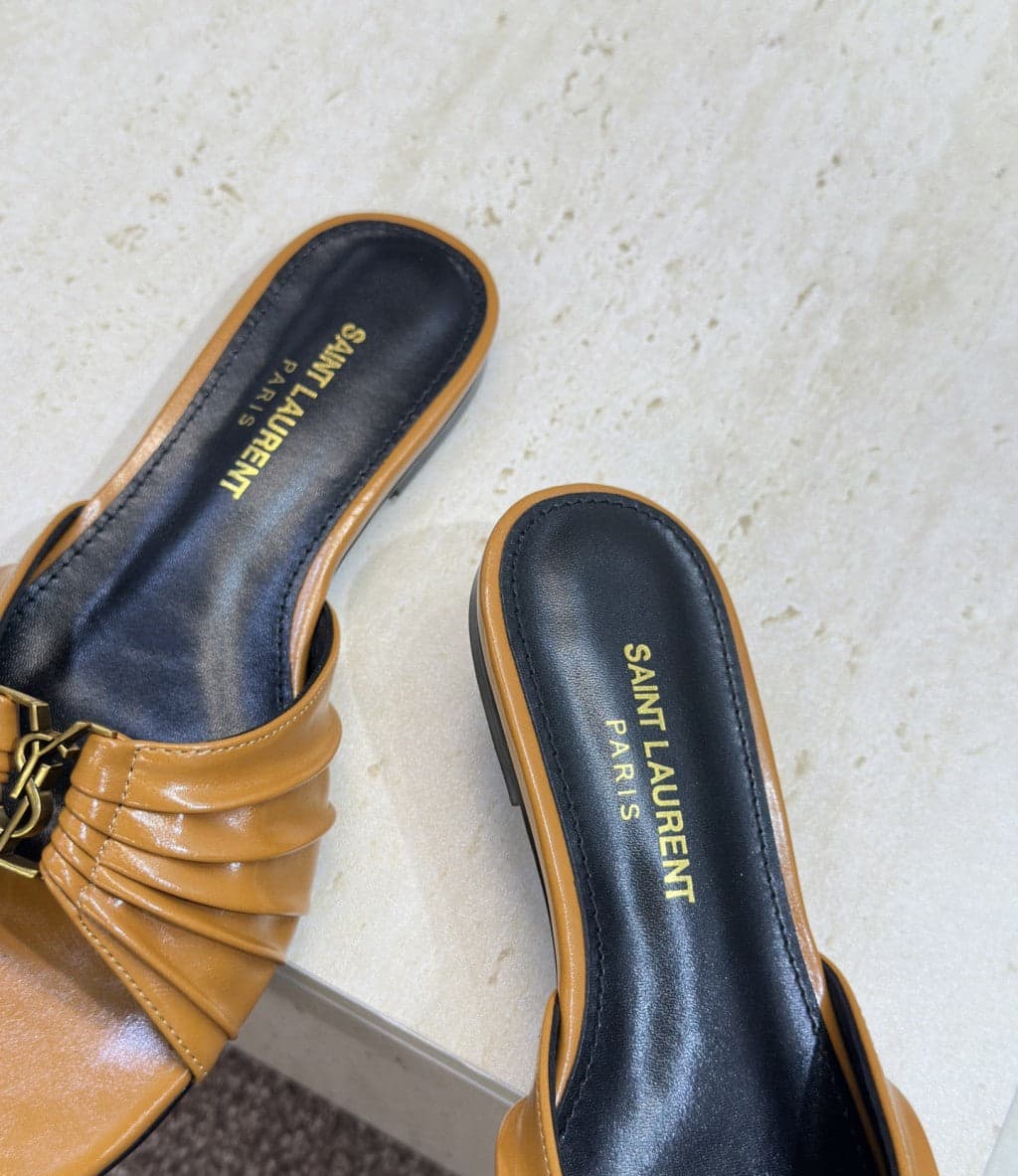 Saint Laurent Flat Slide Sandals Camel Gold