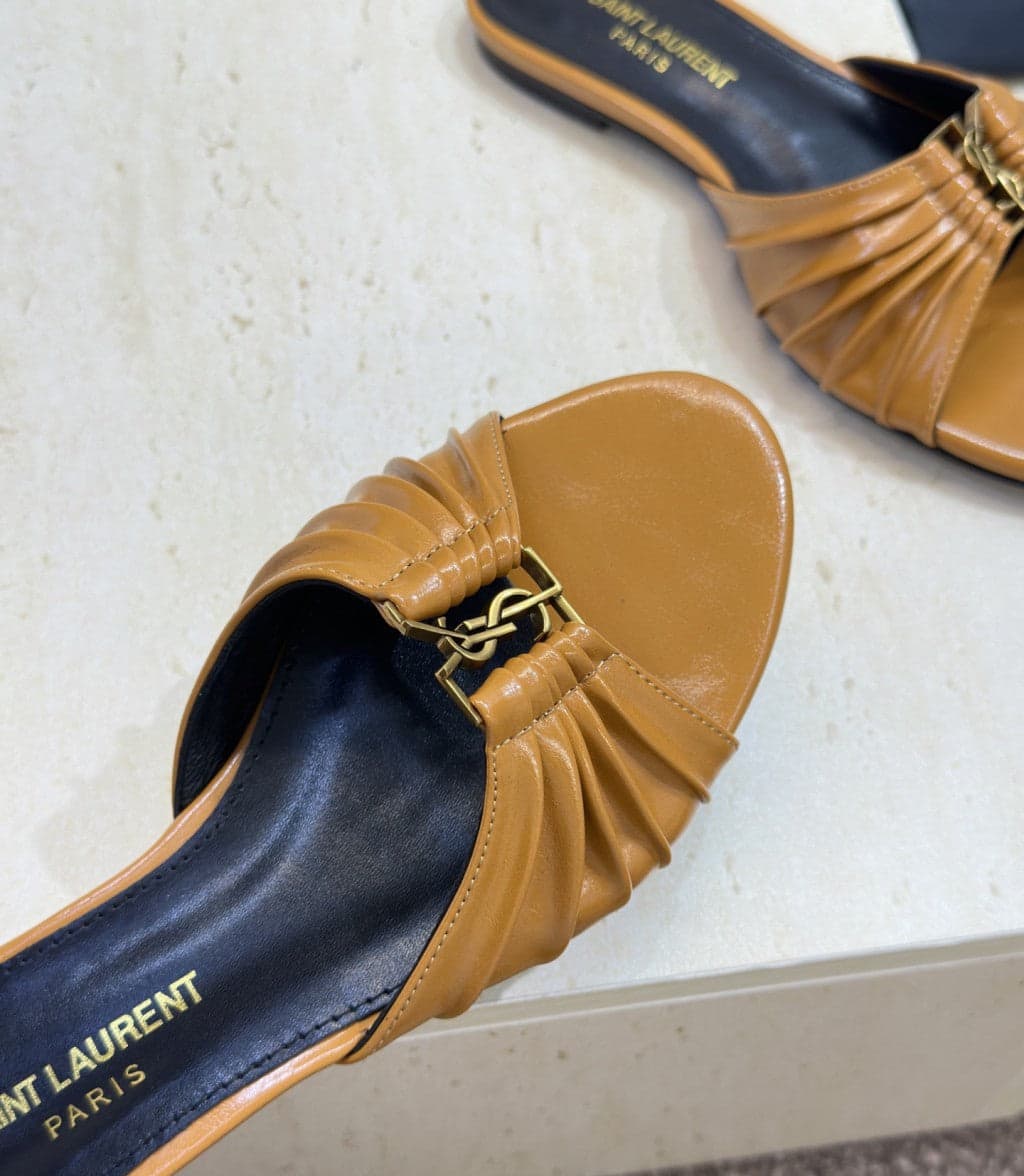 Saint Laurent Flat Slide Sandals Camel Gold